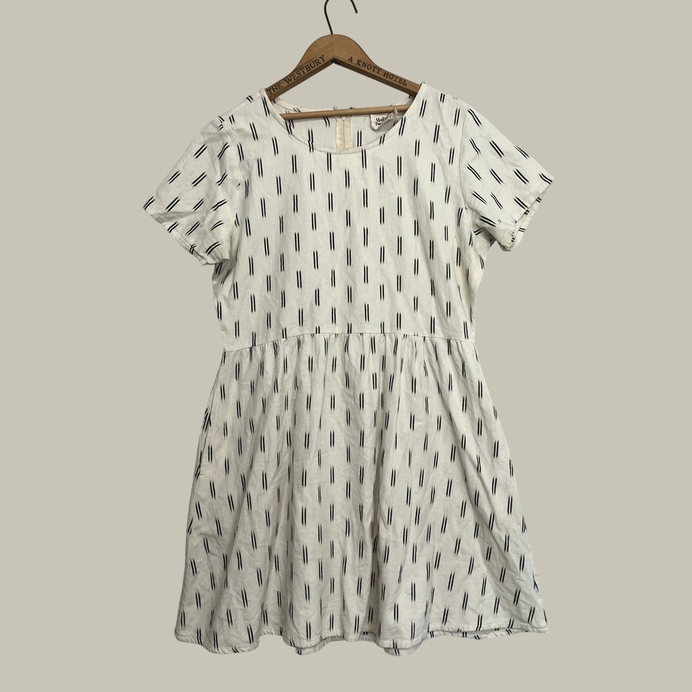 Mata Traders XL Cotton Ikat Dash Print Babydoll Dress White Black Short Sleeve